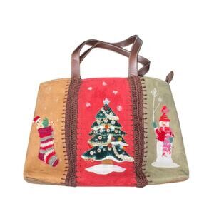 Capelli Christmas Tote Bag Holiday Snowman Tree Appliqué Zippered Fabric Purse